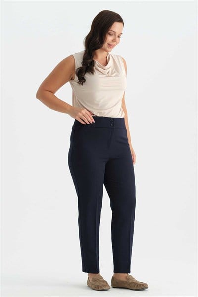 Büyük Beden Beli Geniş Lastikli Süs Cep Pantolon  /  LACİVERT