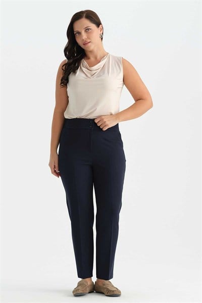 Büyük Beden Beli Geniş Lastikli Süs Cep Pantolon  /  LACİVERT