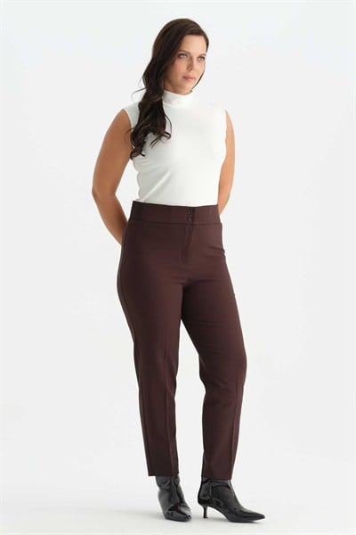 Büyük Beden Beli Geniş Lastikli Süs Cep Pantolon  /  KAHVE