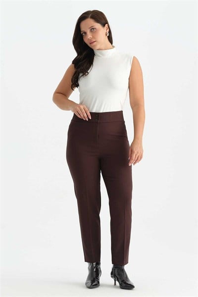 Büyük Beden Beli Geniş Lastikli Süs Cep Pantolon  /  KAHVE