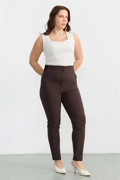 Büyük Beden Beli Geniş Lastikli Süs Cep Pantolon  /  KAHVE