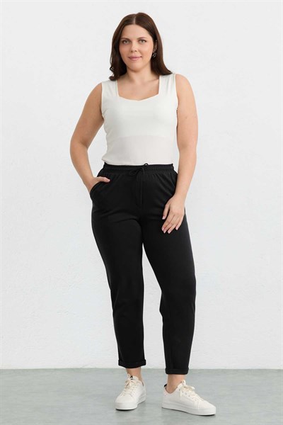 Büyük Beden Beli Lastikli Duble Paça Örme Pantolon  /  SİYAH