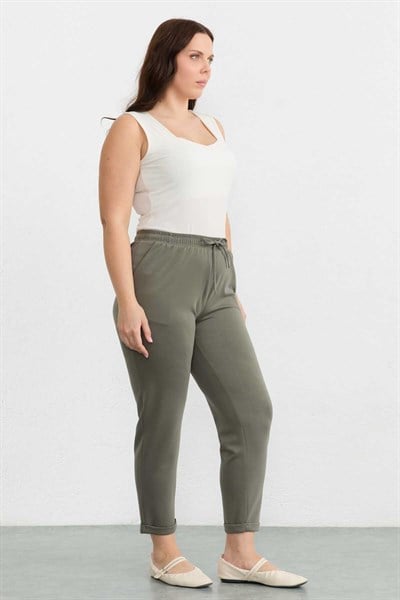 Büyük Beden Beli Lastikli Duble Paça Örme Pantolon  /  HAKİ