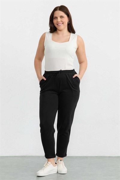Büyük Beden Beli Lastikli Duble Paça Örme Pantolon  /  SİYAH