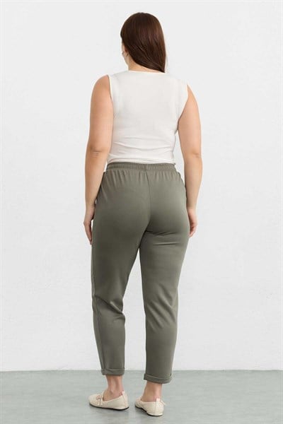 Büyük Beden Beli Lastikli Duble Paça Örme Pantolon  /  HAKİ