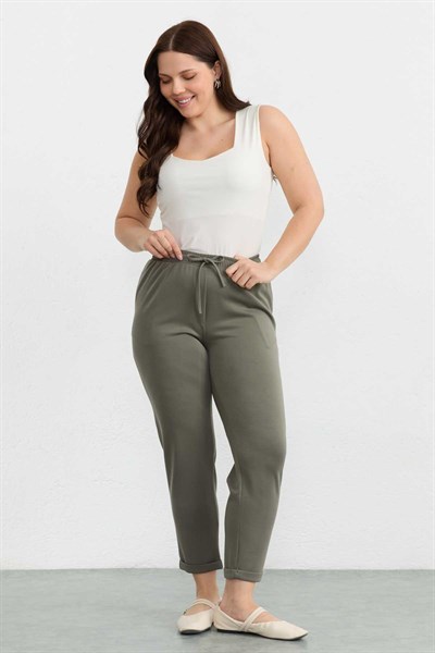 Büyük Beden Beli Lastikli Duble Paça Örme Pantolon  /  HAKİ