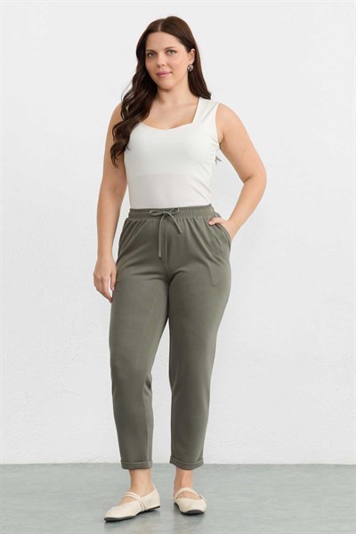 Büyük Beden Beli Lastikli Duble Paça Örme Pantolon  /  HAKİ