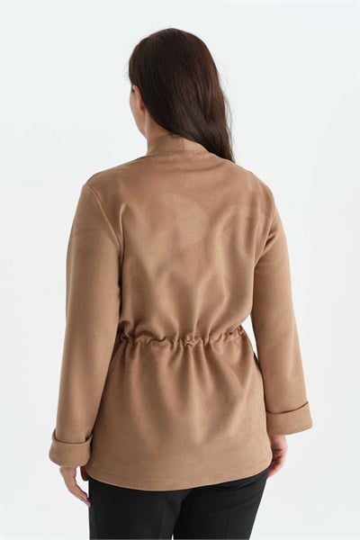 Büyük Beden Beli Lastikli V Yaka Süet Ceket  /  CAMEL