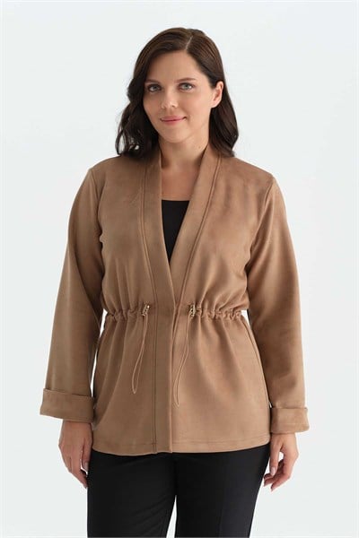 Büyük Beden Beli Lastikli V Yaka Süet Ceket  /  CAMEL