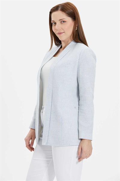 Büyük Beden Çizgili Pullu Yakası Katlamalı Ceket  /  MAVİ