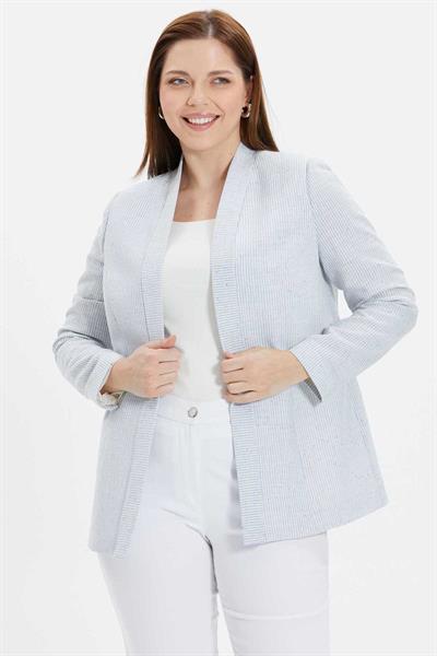 Büyük Beden Çizgili Pullu Yakası Katlamalı Ceket  /  MAVİ
