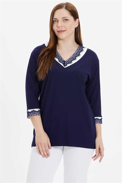 Büyük Beden Dantel Kombinli Penye Bluz  /  LACİVERT