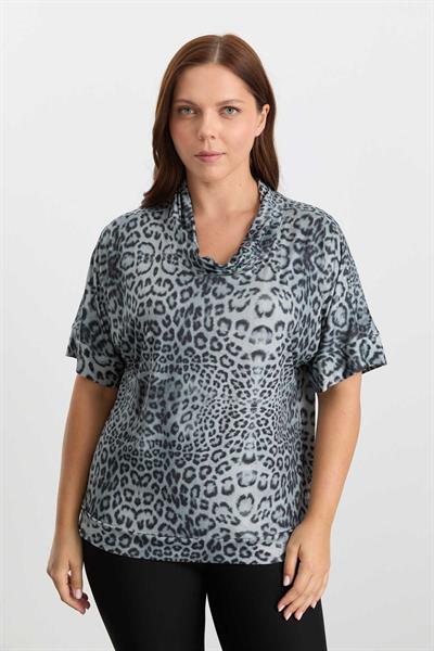 Büyük Beden Degaje Yaka Leopar Desen Bluz  /  GRİ