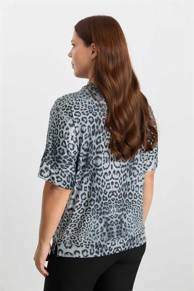 Büyük Beden Degaje Yaka Leopar Desen Bluz  /  GRİ