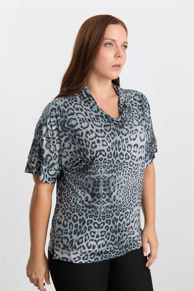 Büyük Beden Degaje Yaka Leopar Desen Bluz  /  GRİ