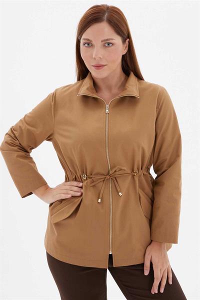 Büyük Beden Dik Yaka Beli Büzgülü Trençkot  /  CAMEL