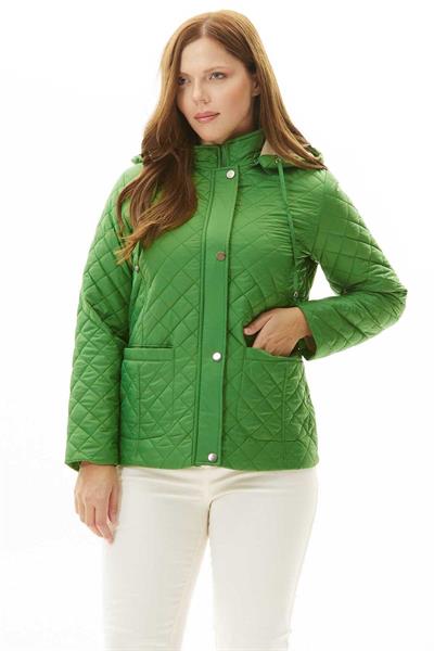 Büyük Beden Dıştan Cep Kapüşonlu Kapitone Mont  /  YEŞİL