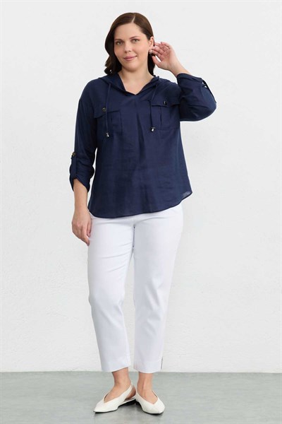 Büyük Beden Dıştan Cep Kapüşonlu Keten Bluz  /  LACİVERT