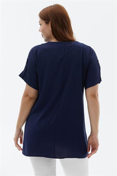 Büyük Beden Düşük Kol Kapak Cep Çıtçıtlı Bluz  /  LACİVERT