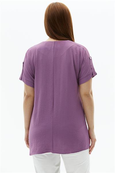 Büyük Beden Düşük Kol Kapak Cep Çıtçıtlı Bluz  /  LİLA