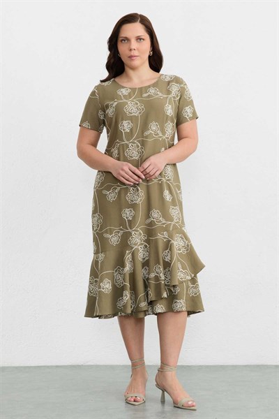 Büyük Beden Eteği Çift Kat Volanlı Üstü Nakışlı Elbise  /  HAKİ