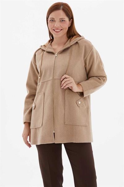 Büyük Beden Fermuarlı Dıştan Cep Kaban  /  CAMEL