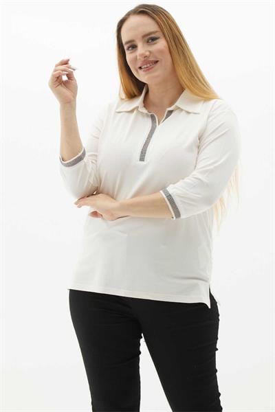 Büyük Beden Gömlek Yaka Renkli Ribanalı Penye Bluz  /  EKRU