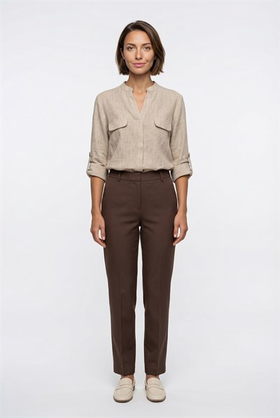 Büyük Beden Hakim Yaka Kendinden Desenli Bluz  /  BEJ