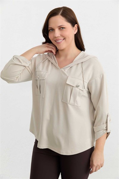 Büyük Beden Kapüşon İpi Taşlı Örme Bluz  /  TAŞ