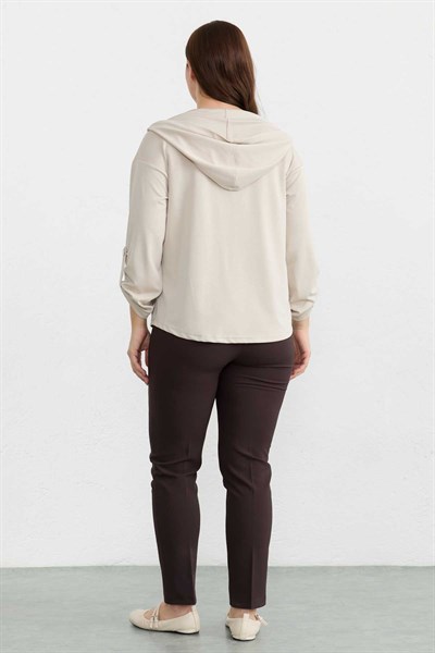 Büyük Beden Kapüşon İpi Taşlı Örme Bluz  /  TAŞ