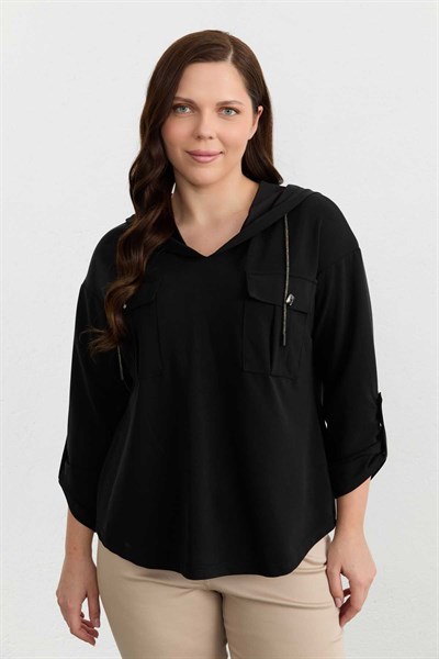 Büyük Beden Kapüşon İpi Taşlı Örme Bluz  /  SİYAH