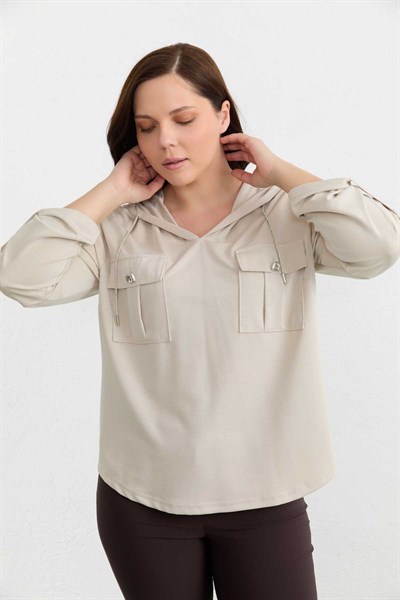 Büyük Beden Kapüşon İpi Taşlı Örme Bluz  /  TAŞ