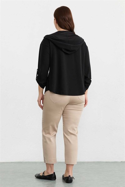 Büyük Beden Kapüşon İpi Taşlı Örme Bluz  /  SİYAH