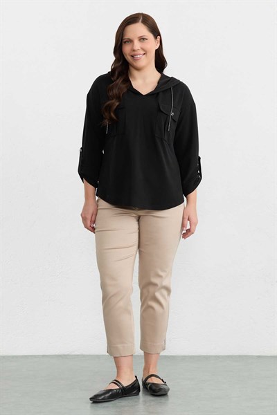 Büyük Beden Kapüşon İpi Taşlı Örme Bluz  /  SİYAH