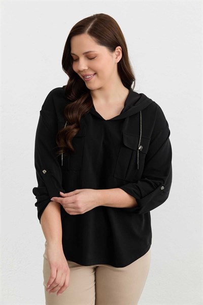 Büyük Beden Kapüşon İpi Taşlı Örme Bluz  /  SİYAH