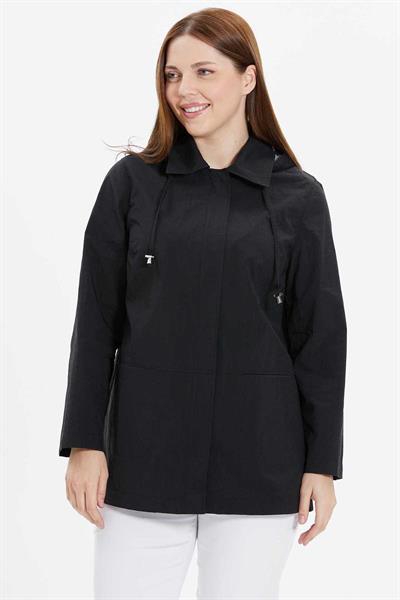 Büyük Beden Kapüşonlu Önü Fermuarlı Trençkot  /  SİYAH