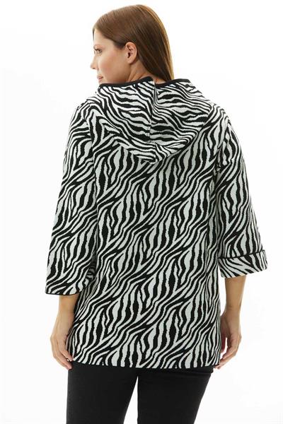 Büyük Beden Kapüşonlu Zebra Desen Triko Hırka  /  SİY-BEY