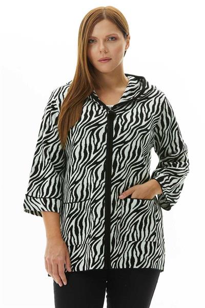 Büyük Beden Kapüşonlu Zebra Desen Triko Hırka  /  SİY-BEY