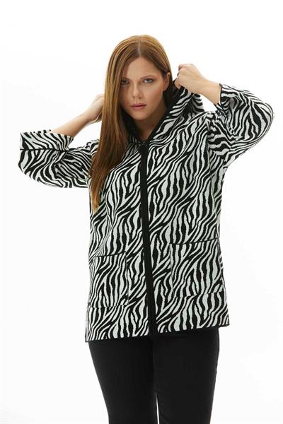 Büyük Beden Kapüşonlu Zebra Desen Triko Hırka  /  SİY-BEY