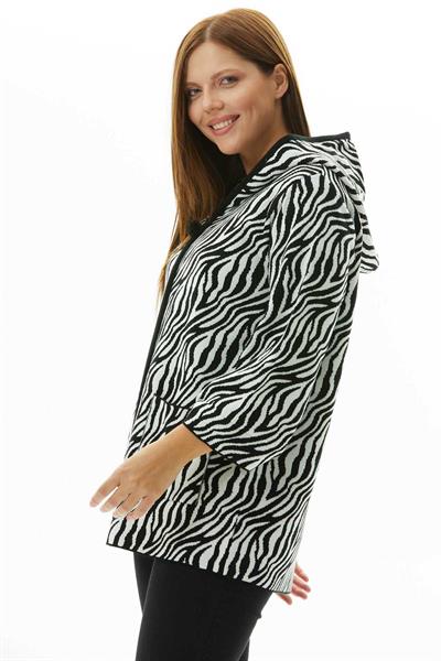 Büyük Beden Kapüşonlu Zebra Desen Triko Hırka  /  SİY-BEY