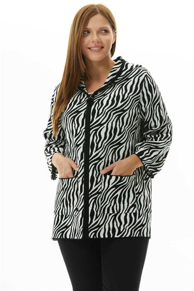 Büyük Beden Kapüşonlu Zebra Desen Triko Hırka  /  SİY-BEY