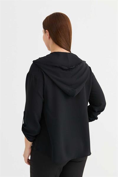 Büyük Beden Kapüşonu Taşlı İp Aksesuarlı Bluz  /  SİYAH
