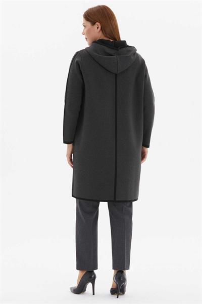 Büyük Beden Kendinden Kapüşonlu Şeritli Hırka  /  FÜME