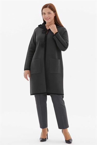 Büyük Beden Kendinden Kapüşonlu Şeritli Hırka  /  FÜME