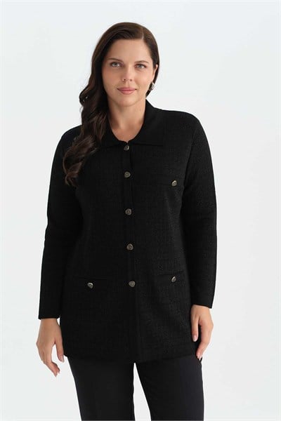 Büyük Beden Kendinden Simli Düğmeli Triko Hırka  /  SİYAH