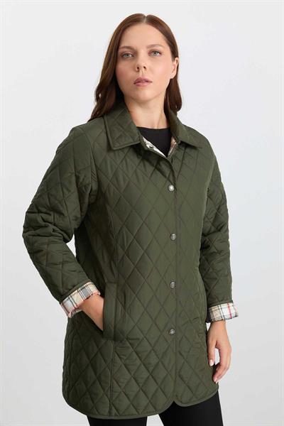 Büyük Beden Klasik İçi Ekose Kapitone Uzun Mont  /  HAKİ