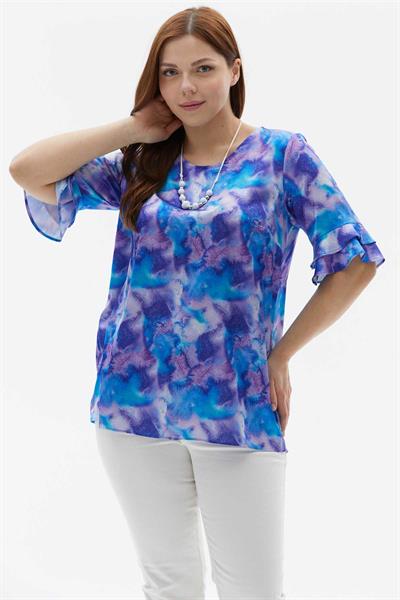 Büyük Beden Kol Ucu Çift Fırfırlı Batik Desen Bluz  /  MAVİ