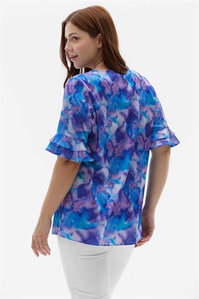 Büyük Beden Kol Ucu Çift Fırfırlı Batik Desen Bluz  /  MAVİ