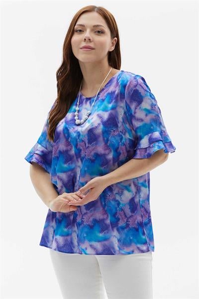 Büyük Beden Kol Ucu Çift Fırfırlı Batik Desen Bluz  /  MAVİ