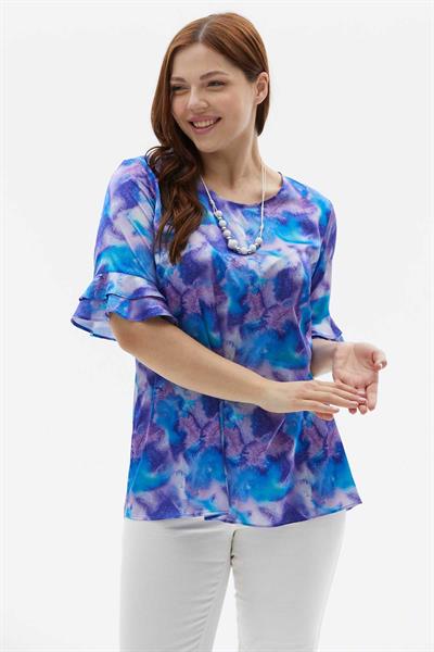 Büyük Beden Kol Ucu Çift Fırfırlı Batik Desen Bluz  /  MAVİ